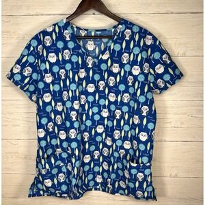 Scrubfinity Basix Womens XL Blue Owl V Neck Scrub Tunic Top Pockets Short Sleeve